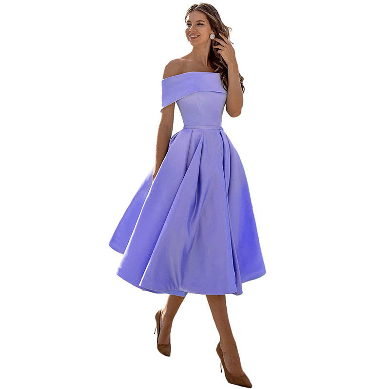 Women's Fashion Casual Strapless Satin Party Dress Off The Shoulder Tea Length Satin Prom Dresses With Pockts Formal Evening Party Dress